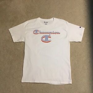 Champion Men’s White T-Shirt with Logo Short Sleeve Athleticwear Sports Sz Med